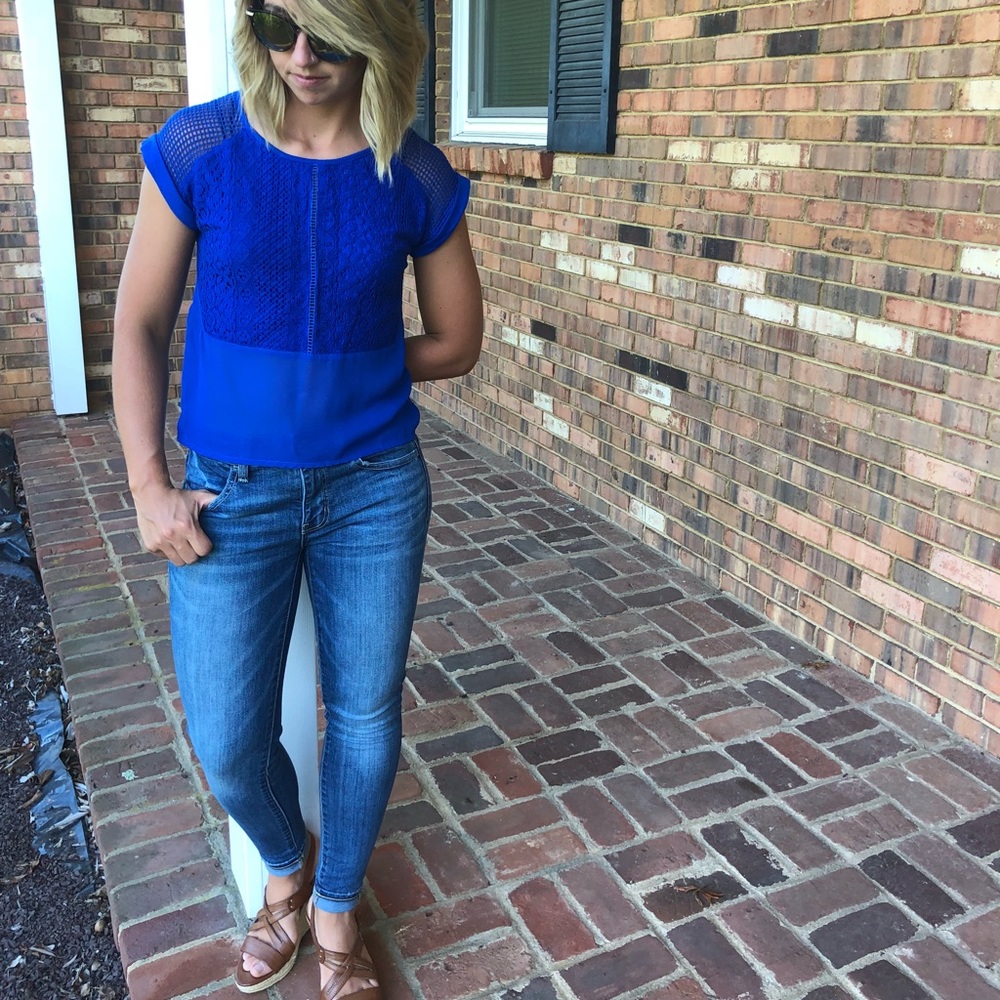 Cobal Blue shirt/ sheer crop top